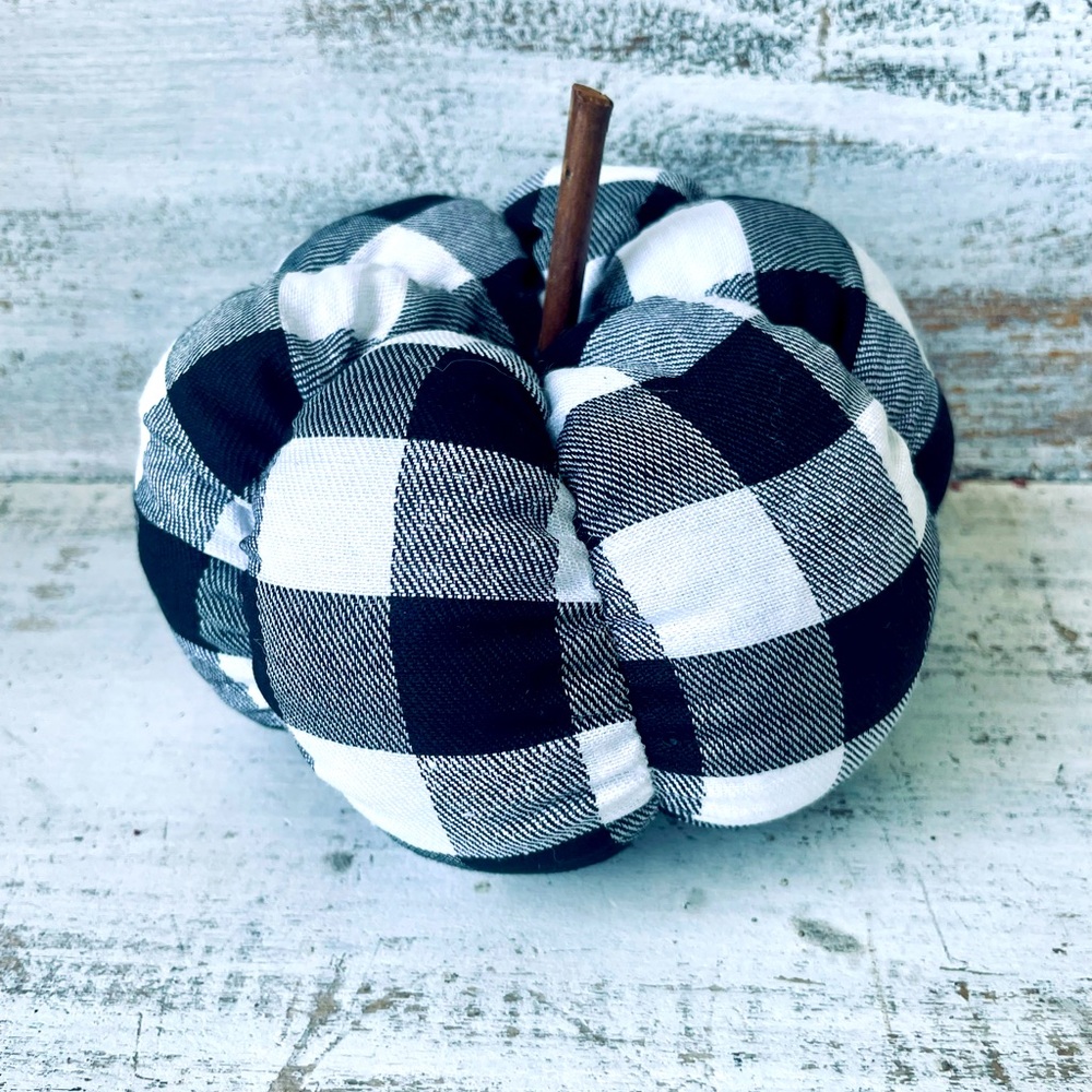 *Black & White Buffalo Check Stuffed Pumpkin, 6.5”